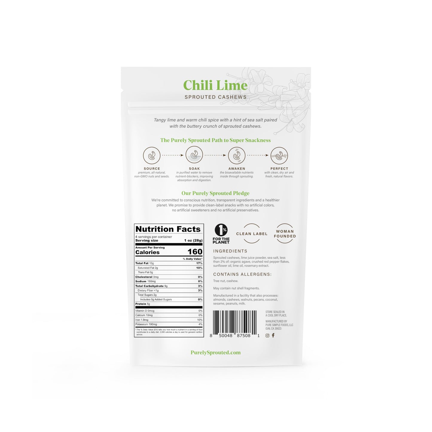 Purely Sprouted Cashews Chili Lime Sea Salt, Non-GMO Superfood for Healthy, Gluten-Free Snacking (4 oz, 6 pack)