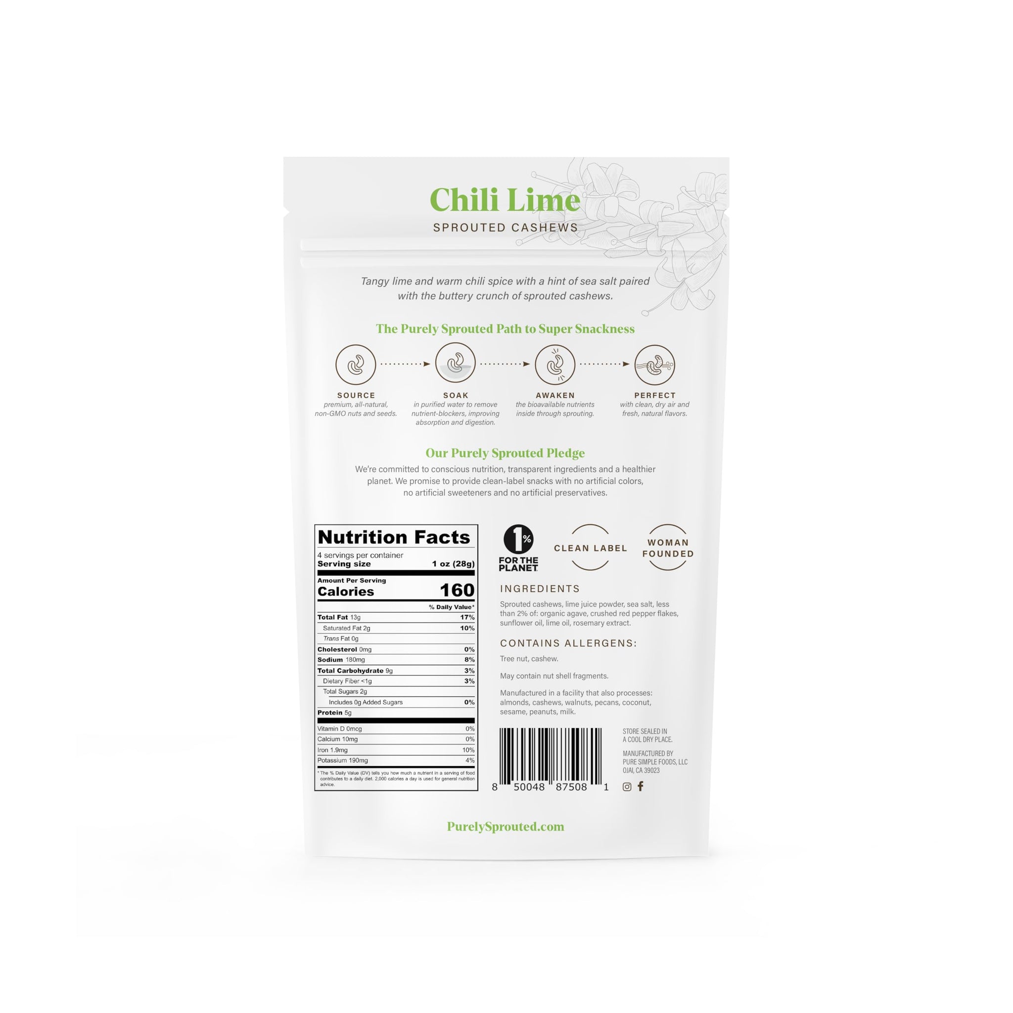 Purely Sprouted Cashews Chili Lime Sea Salt, Non-GMO Superfood for Healthy, Gluten-Free Snacking (4 oz, 6 pack)