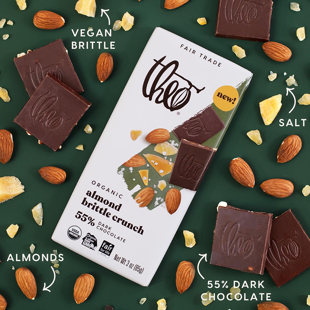 Theo Chocolate Almond Brittle Crunch Organic Dark Chocolate Bar, 55% Cacao, 6 Pack | Vegan, Fair Trade