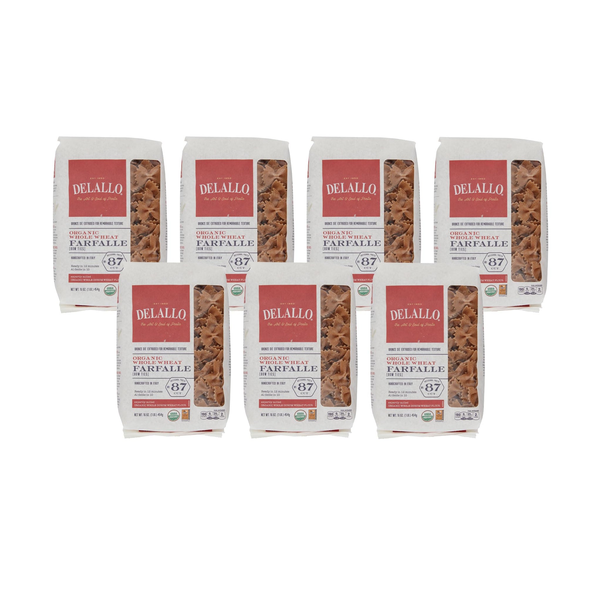 DeLallo Whole Wheat Farfalle Bowtie Pasta, 1 Pound Bag, 7 Pack, Butterfly Shape Noodles, 100% Organic, Imported from Italy, Made with Whole Durum