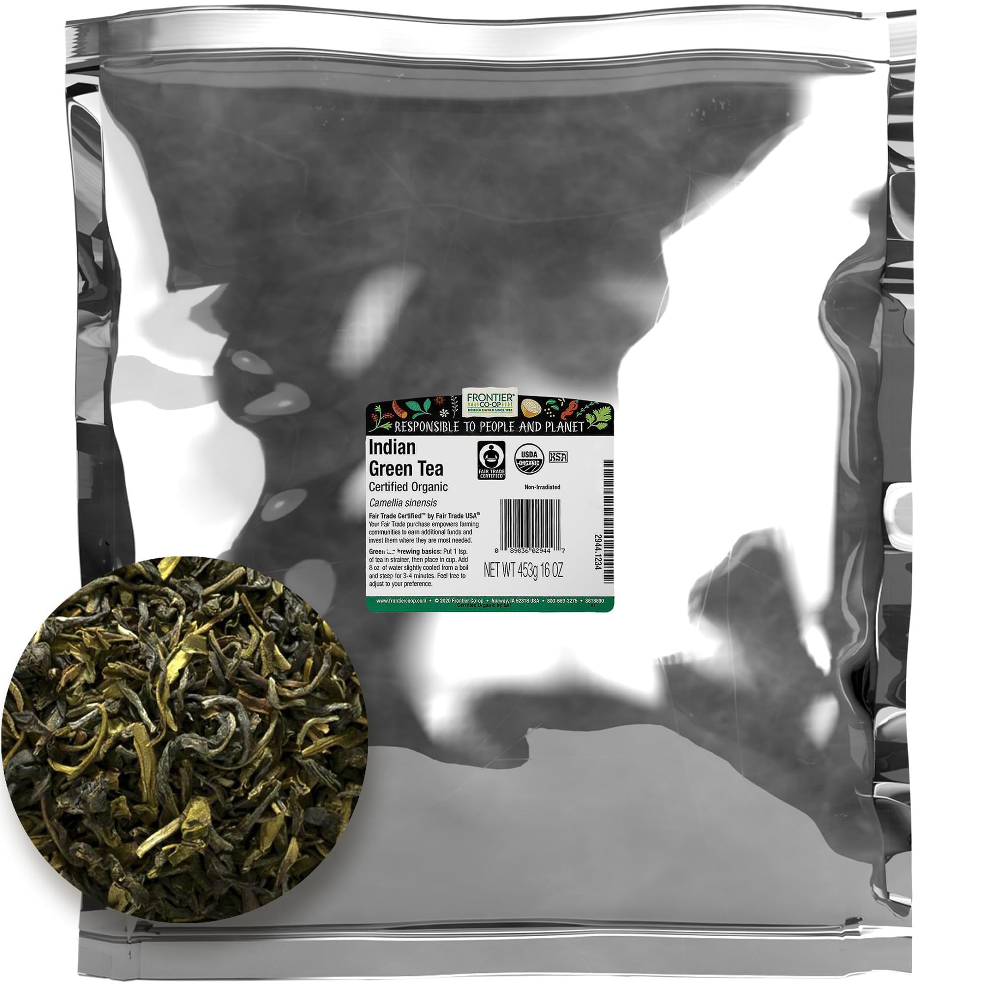 Frontier Co-op Indian Green Tea, 1lb Bulk Bag - Organic Green Tea Loose Leaf - Perfect for Refreshing Loose Leaf, Lattes, Smoothies and More