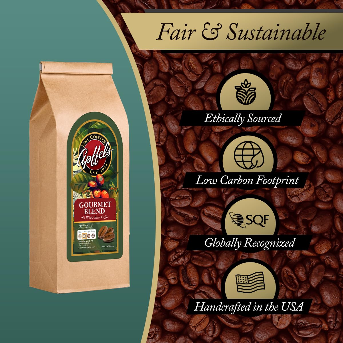 Apffels Original Gourmet Blend - Whole Bean, Light-Medium Roast, 100% Arabica Coffee, (2lb Bag)