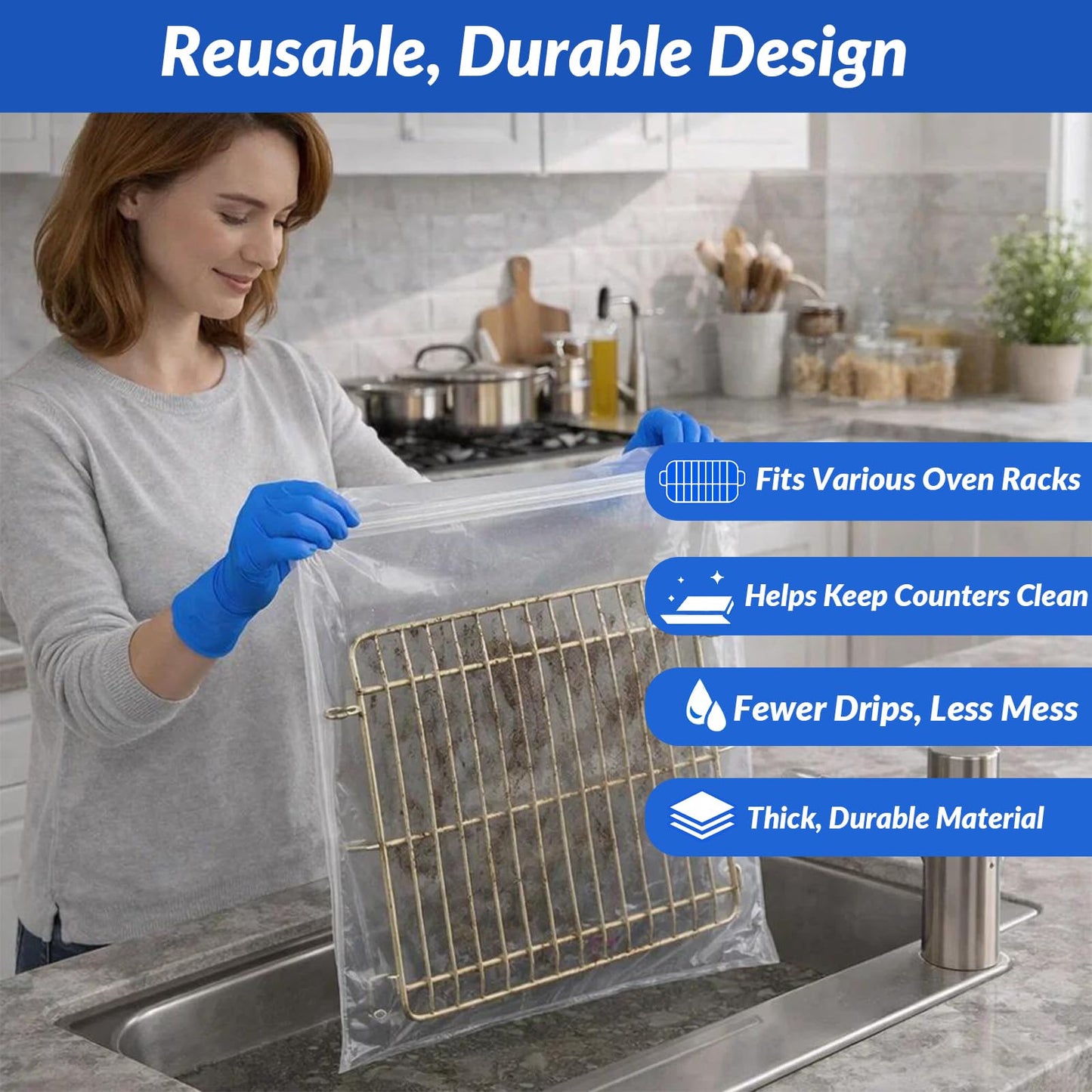 Giznity Oven Rack Cleaning Bags, Heavy Duty No Scrub Reusable Leakproof PE Soaking Bags, No Mess, For Grill Grates & BBQ Grills, 40 x 60 cm (15.7 x