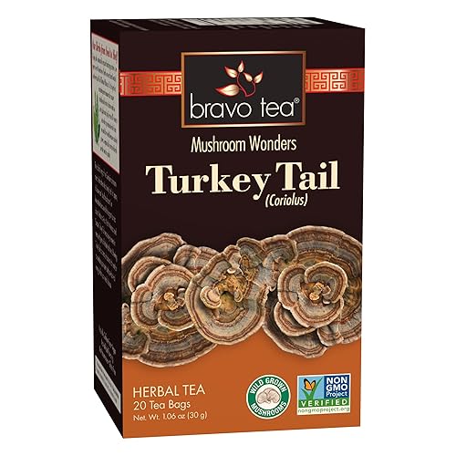 Bravo Tea Turkey Tail Mushroom Herbal Tea, Caffeine Free 20 Tea Bags