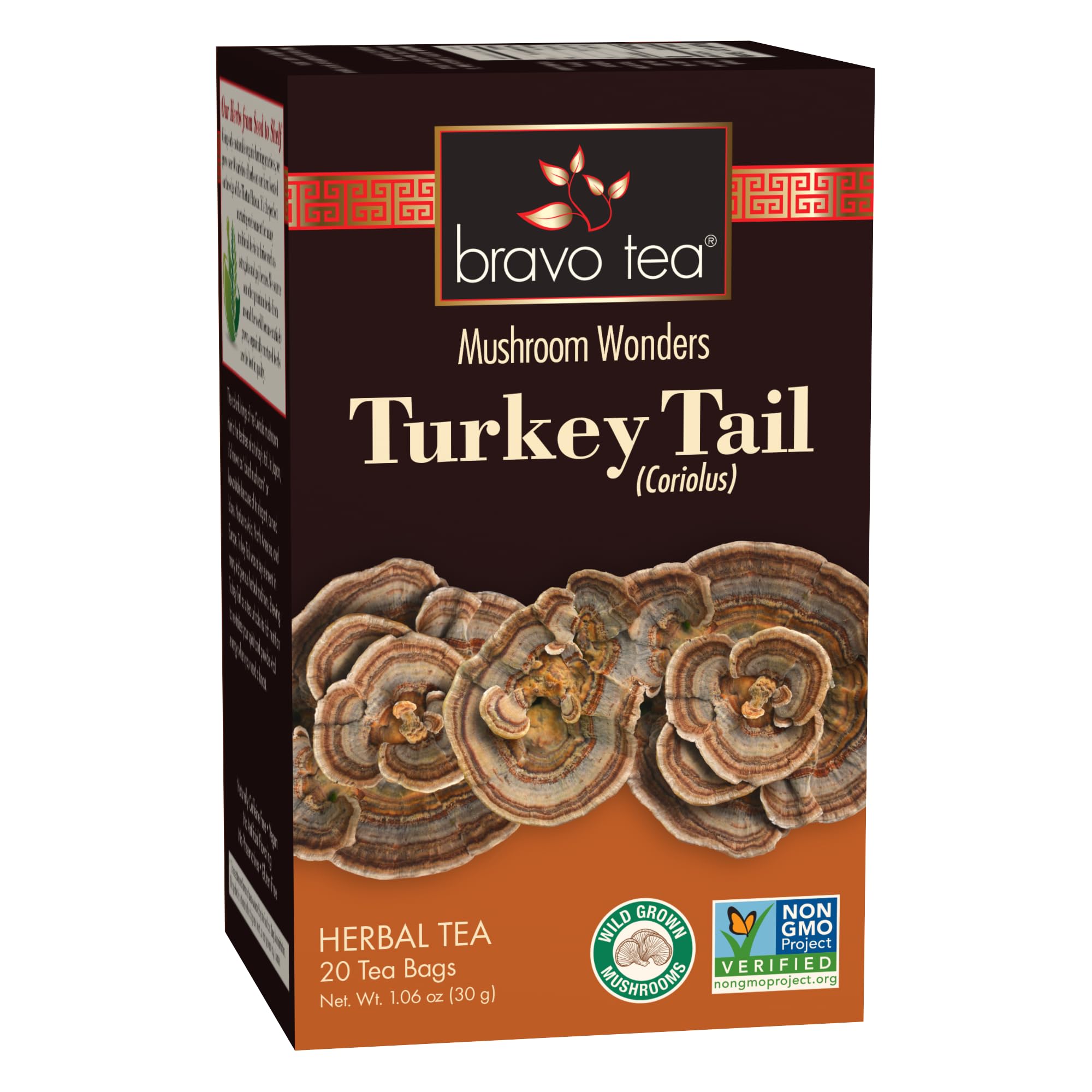 Bravo Tea Turkey Tail Mushroom Herbal Tea, Caffeine Free 20 Tea Bags