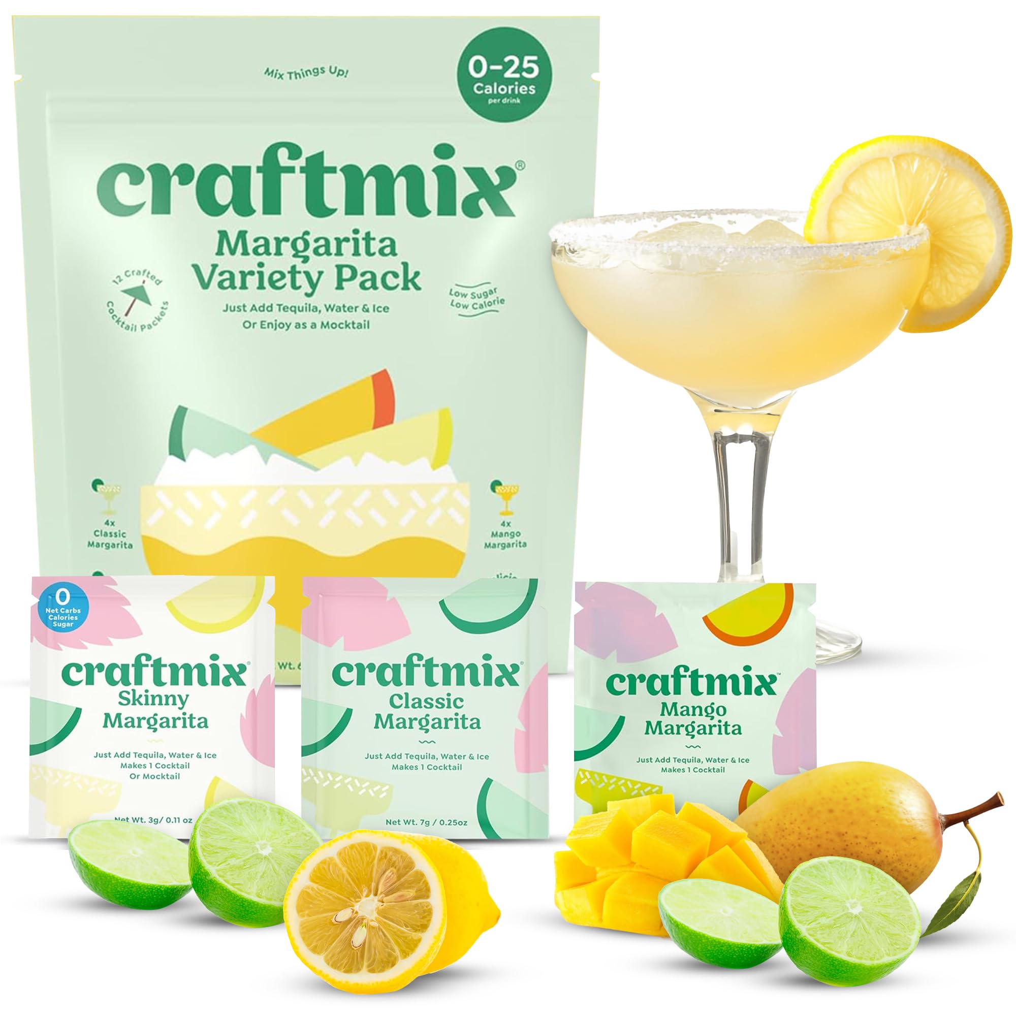 Craftmix Margarita Variety Pack Cocktail & Mocktail Drink Mixer, Skinny Mixes - Water Flavoring Packets - Made With Real Fruit - Vegan Low-Carb