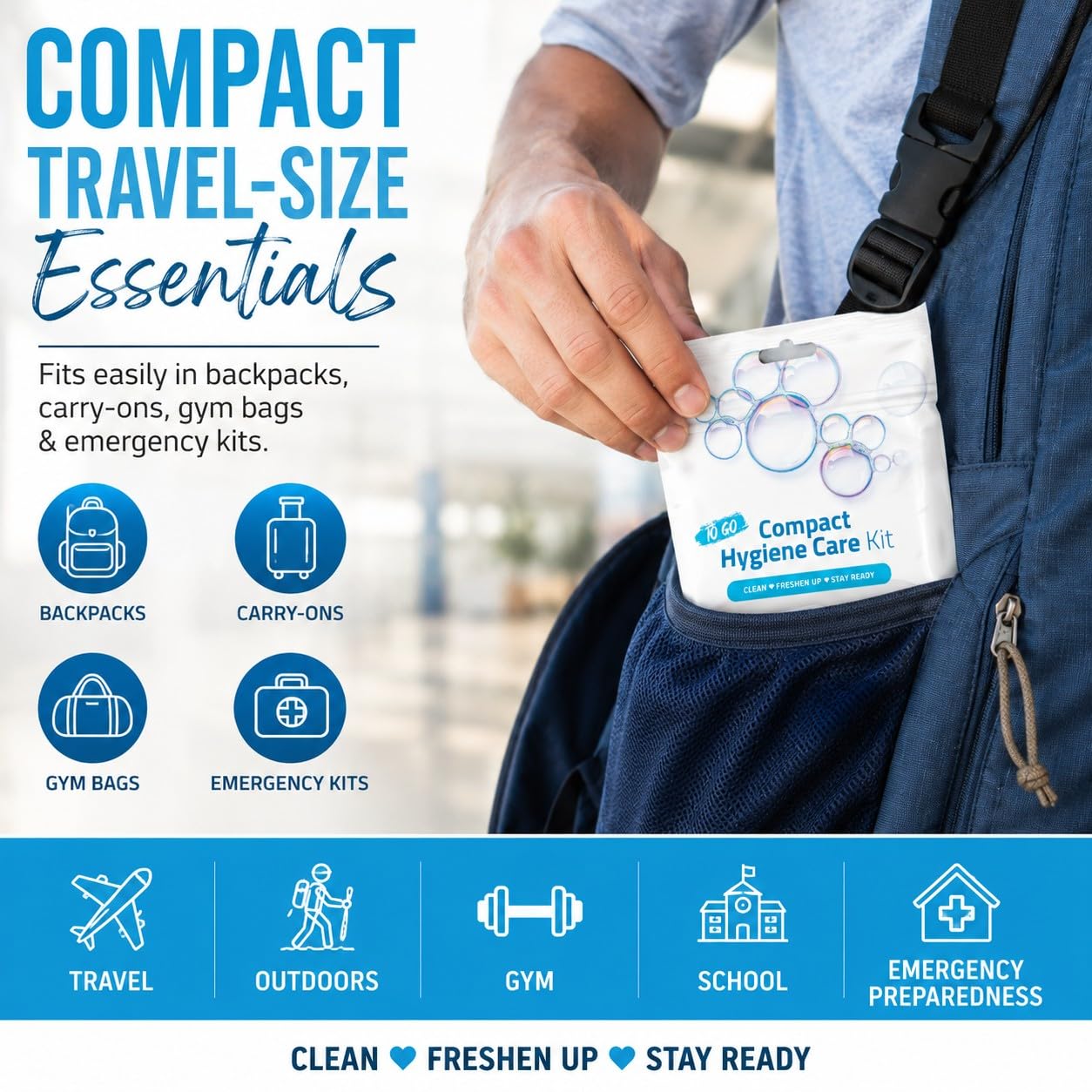Portable Laundry Kit - Travel Clothes Cleaning Essentials with Liquid Detergent, Stain Remover Wipe, Dryer Sheet & Laundry Bag - Bulk Supply