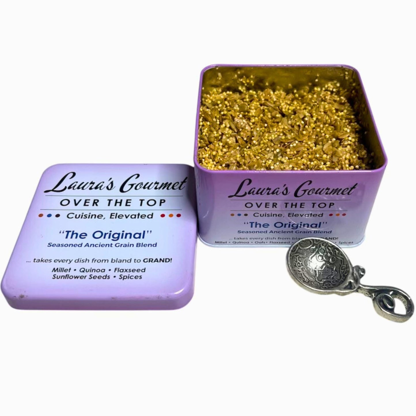Laura’s Gourmet, Over The Top Savory Seasoned Ancient Grain Blends, Perfect Topper for “The Original,” 10 oz. Tin, All-Natural, Gluten-Free Topper