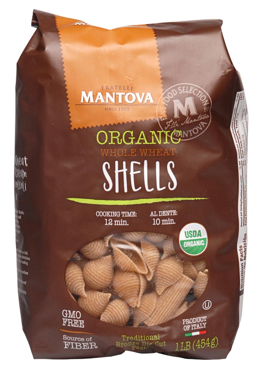 Mantova Italian Organic Whole Wheat Pasta, Shell, 1-Pound Bags (Pack of 12), made from durum wheat that has become synonymous with flavor, quality