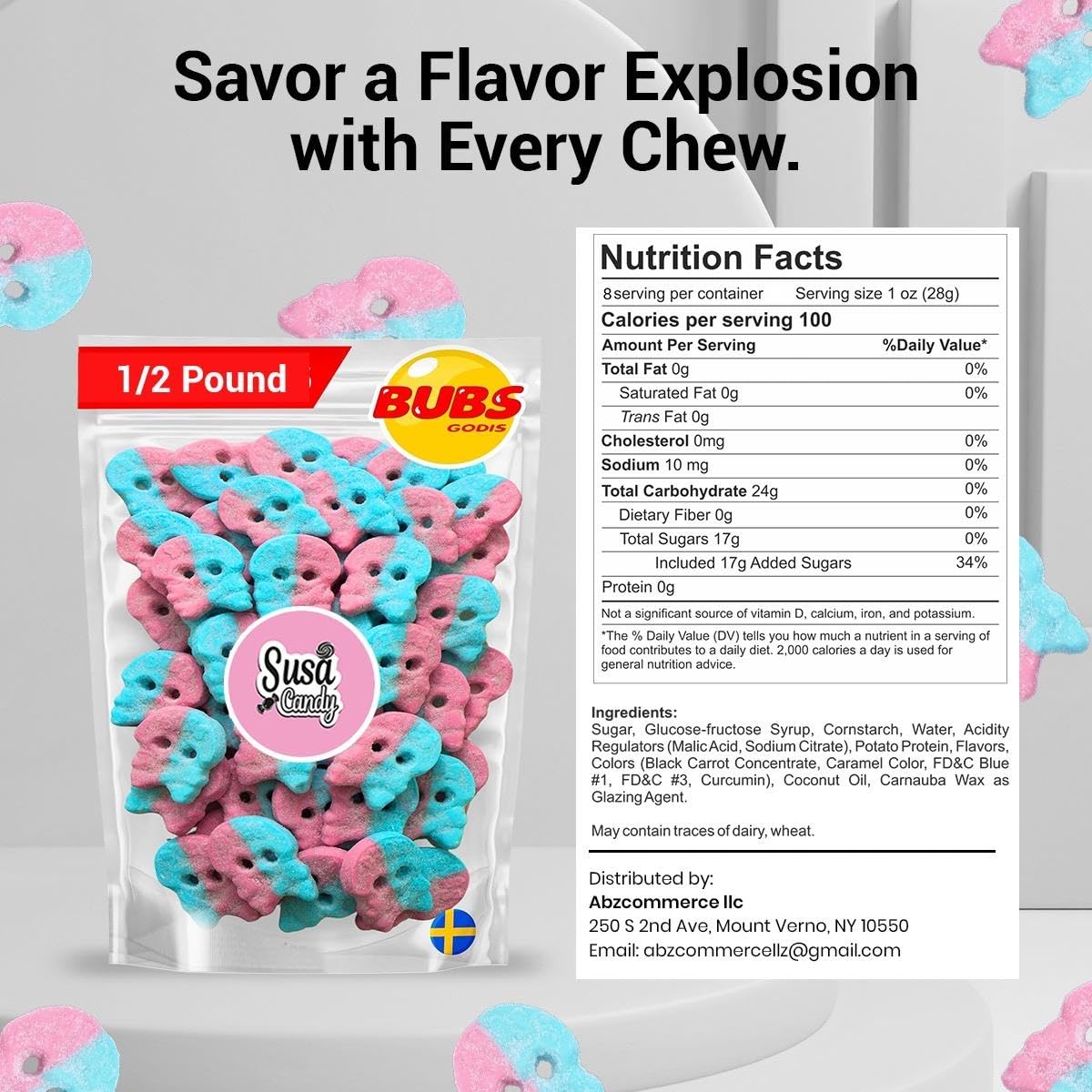 BUBS Sour Dizzy Skulls - Bubblegum Flavor, 1/2 Pound Soft Foam Godis - Premium Vagen Swedish Candy by Susa Candy