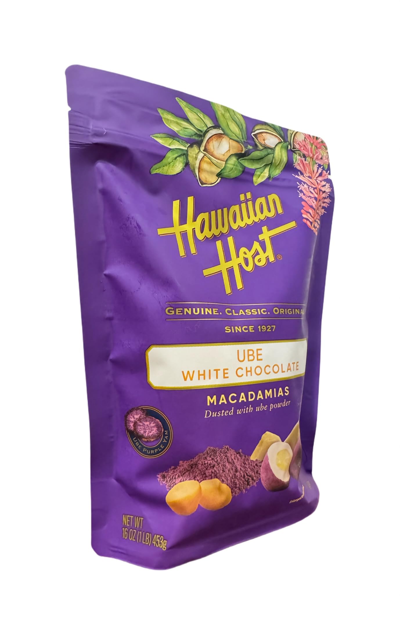 Hawaiian Host Ube White Chocolate Macadamia Nuts, Creamy White Chocolate with Ube Powder, Premium Hawaiian Candy, Resealable 16 oz Bag