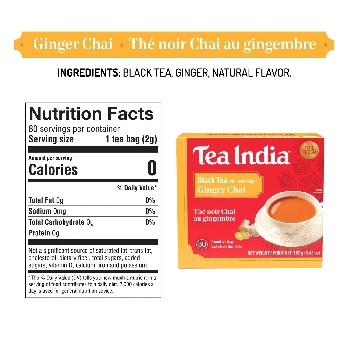 Tea India Ginger Chai Black Tea with Real Ginger Flavorful Blend Of Premium Black Tea, Ginger & Natural Ingredients Traditional Indian Caffeinated Tea