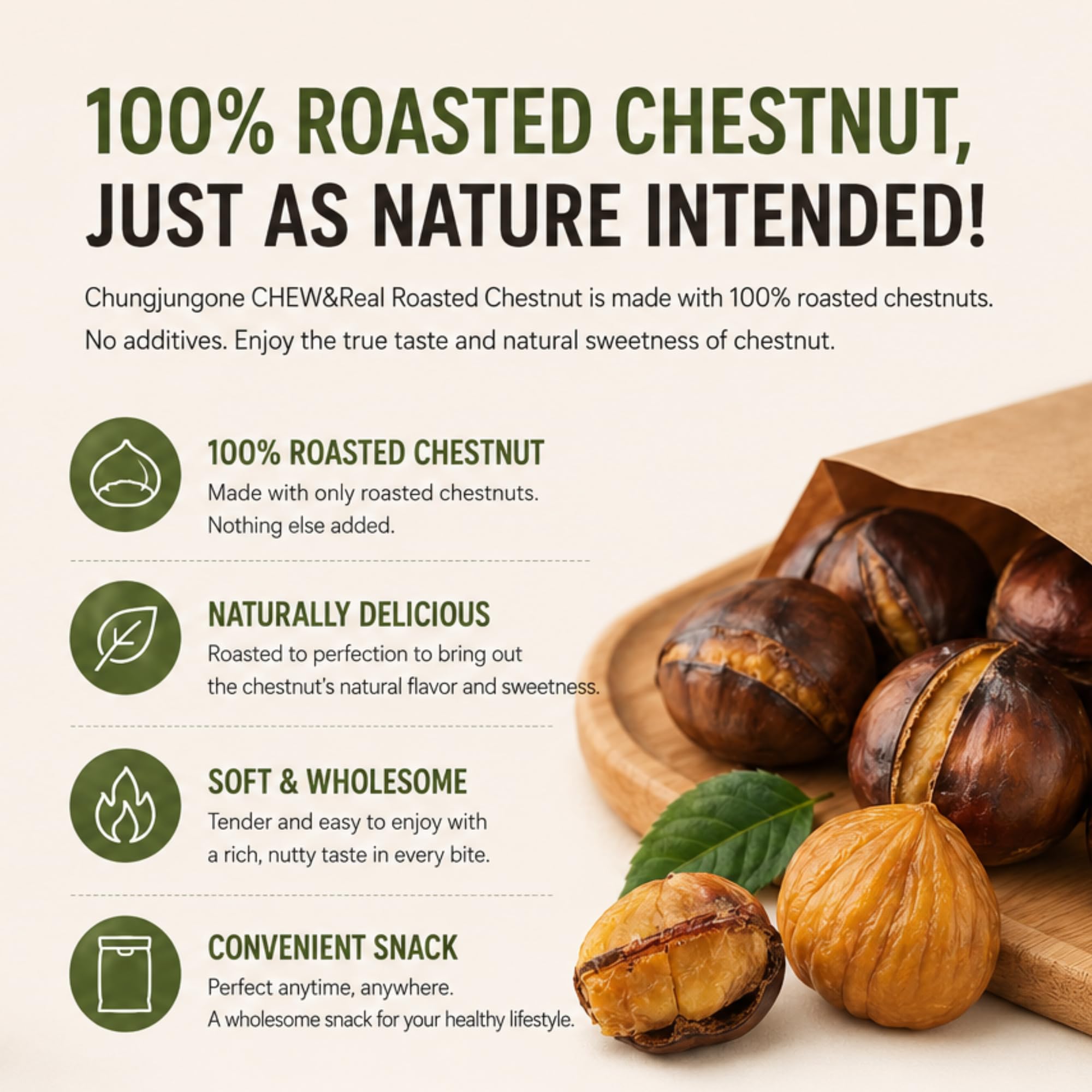 Roasted Chestnut Chews | Single Ingredient | 80g Ready to Eat Snack | Peeled Whole Chestnuts | Pantry Snack, Lunch Box Treat, Hiking, Office, Dessert