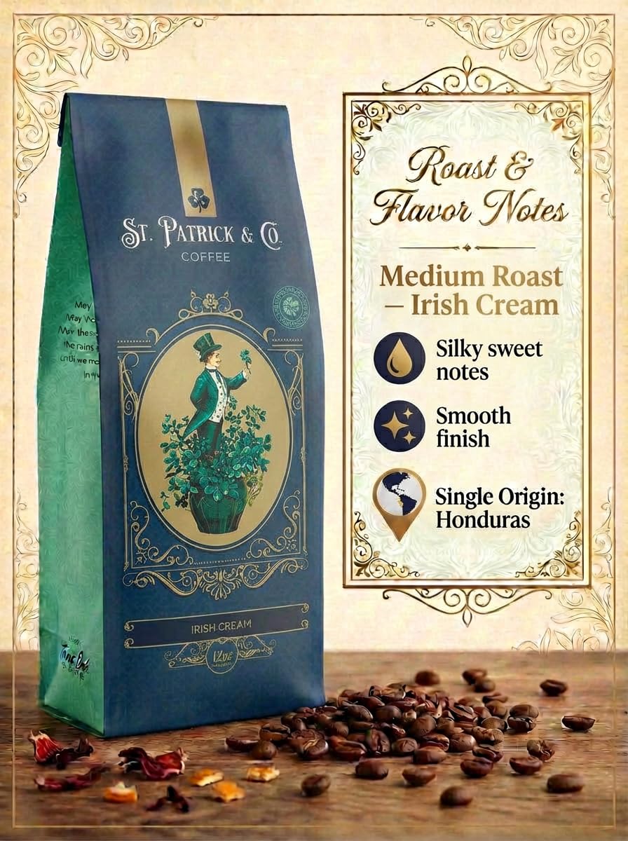 Thank God for Coffee - Irish Cream St. Patrick & Co., Medium Roast Ground Coffee, Sweet & Silky Irish Cream Flavor, Single Origin Honduran Arabica
