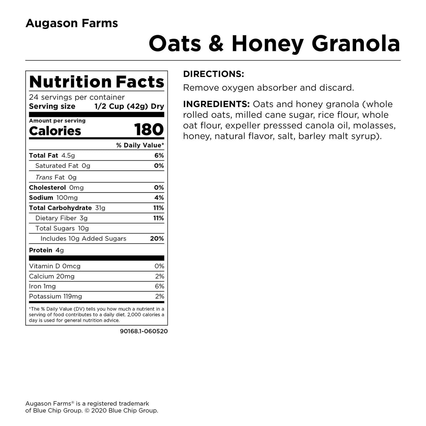 Augason Farms Oats & Honey Granola 35.27oz #10 Can, White/Orange
