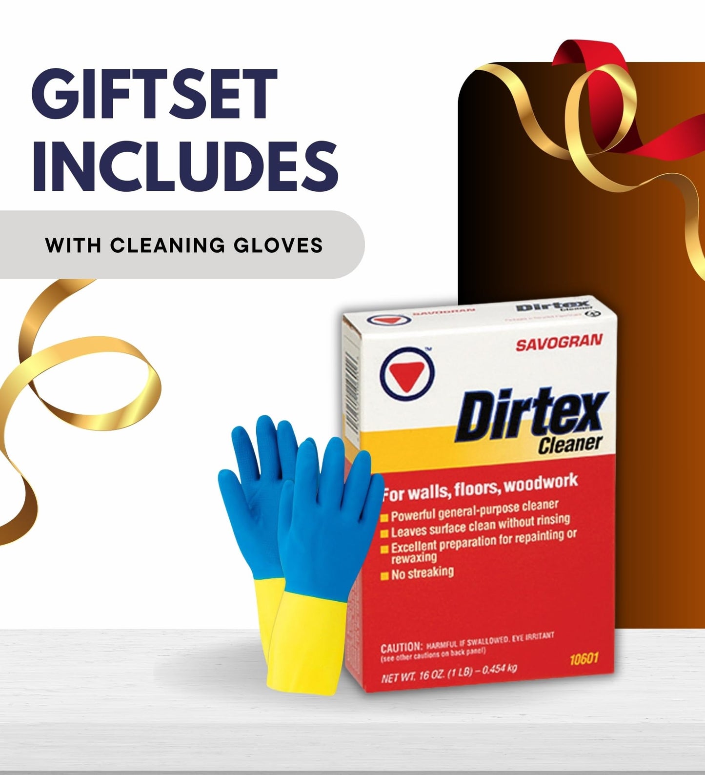 Savogran Dirtex All Purpose Cleaner Powder 16 oz Bundle with Pair of Gloves - Multi-Surface Wall Cleaner for Painted Walls and Woodwork - No Rinsing