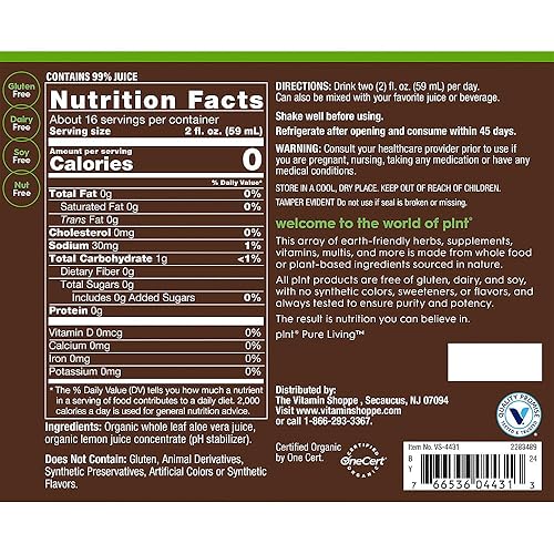 Organic Aloe Vera Juice a" Whole Leaf Superfood (32 fl. oz./16 Servings)