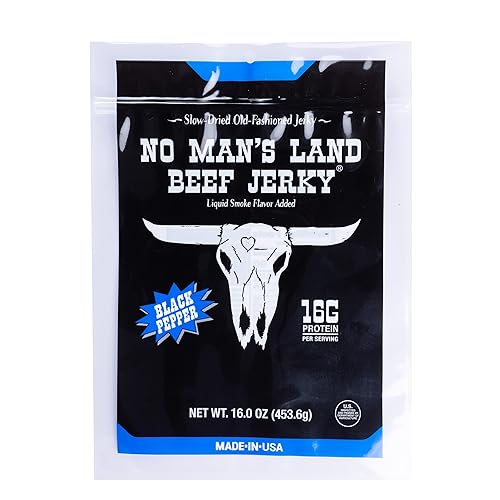 No Man’s Land Beef Jerky - Low Calorie, Low Carb, High Protein Beef Snack - Flavor BLACK PEPPER 16oz (Pack of 1)