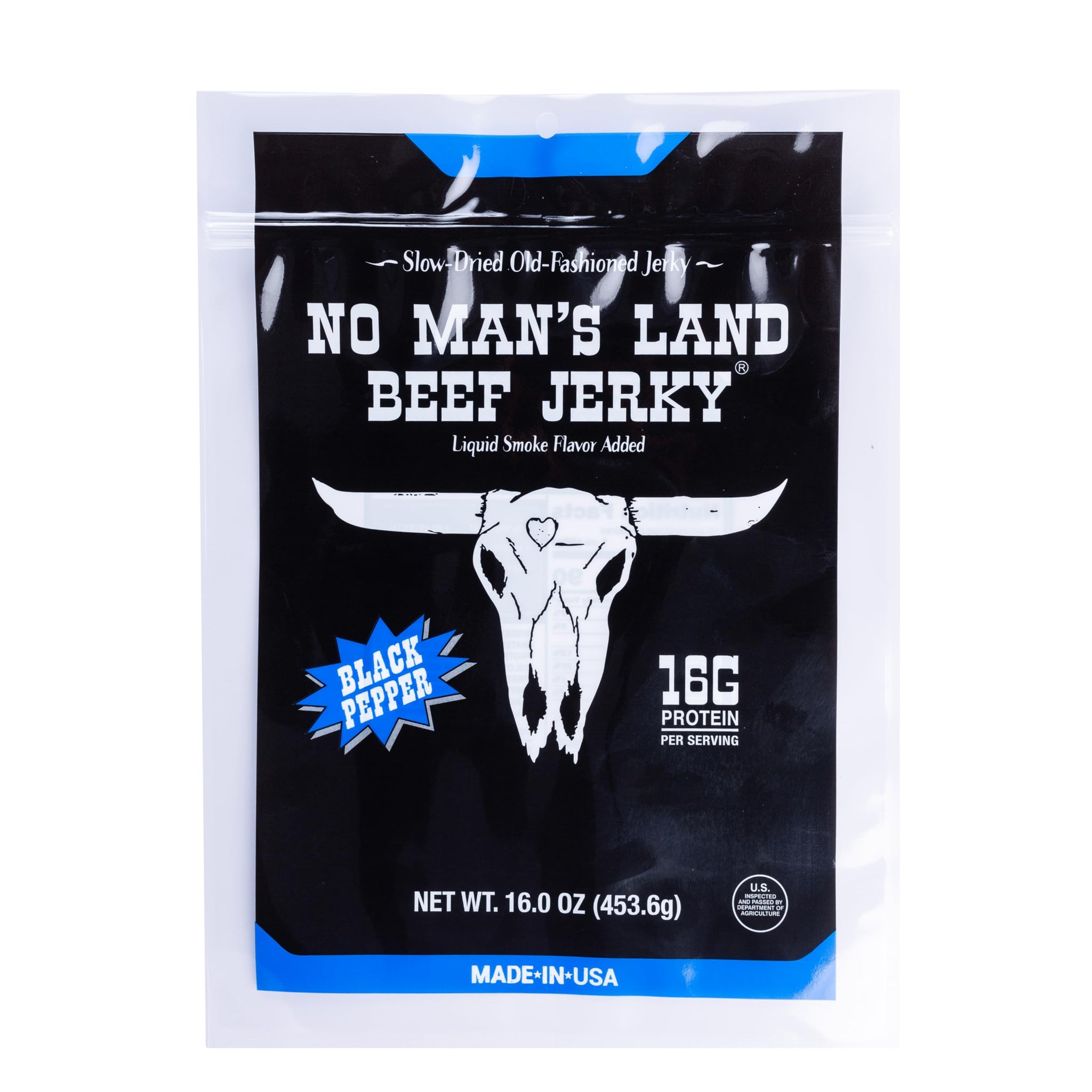 No Man’s Land Beef Jerky - Low Calorie, Low Carb, High Protein Beef Snack - Flavor BLACK PEPPER 16oz (Pack of 1)