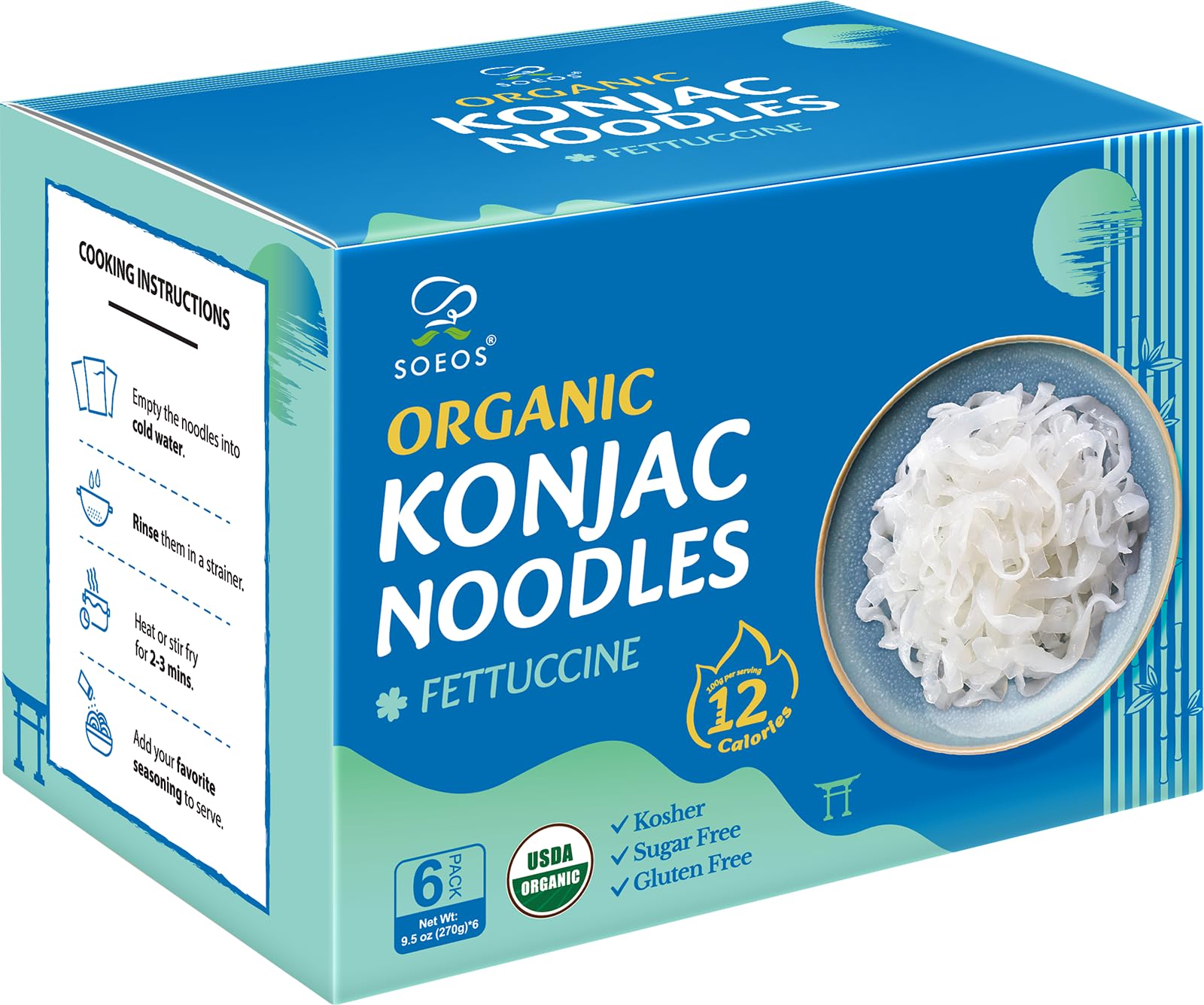 Soeos Konjac Noodles, Fettuccine Pasta, 8.8 oz (250g)*6 Pack, Low Calorie, Low Carb, Keto and Paleo Friendly Shirataki Noodle, Gluten-Free, Fat Free.