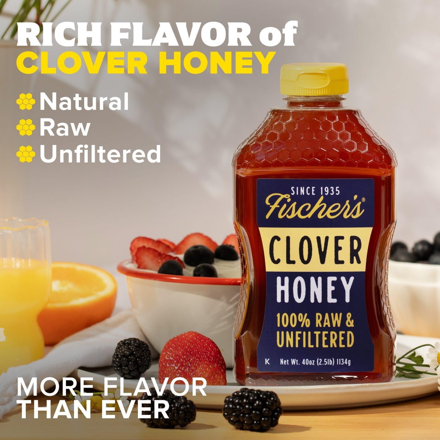 Fischer's Pure Clover Honey 40 oz - 100% Pure, Raw and Unfiltered Honey in a Squeeze Bottle - All-Natural Sweetener - Rich Flavor Profile, Packed with Nutrients