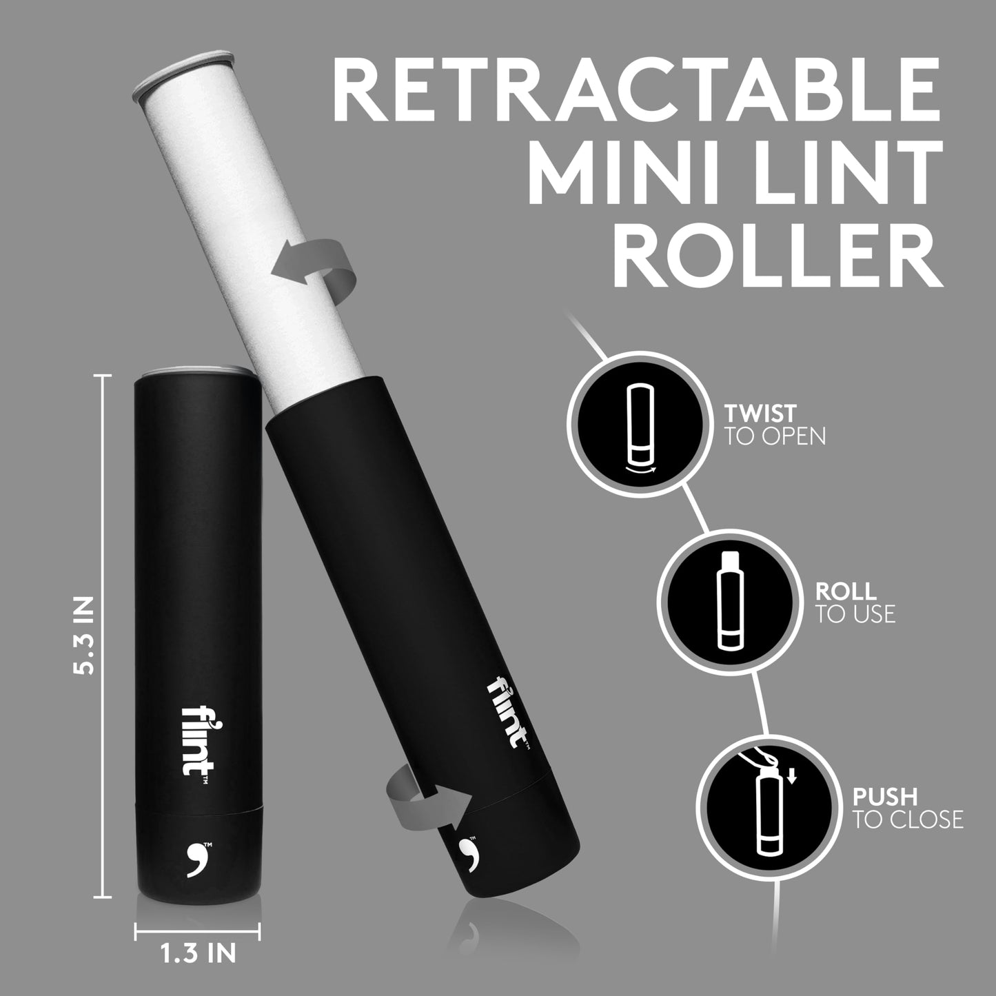 Flint Classic Black Retractable Mini Lint Roller with 90 Extra Sticky Sheets, Small and Portable Lint Roller, Ideal Pet Hair Remover, Travel Lint