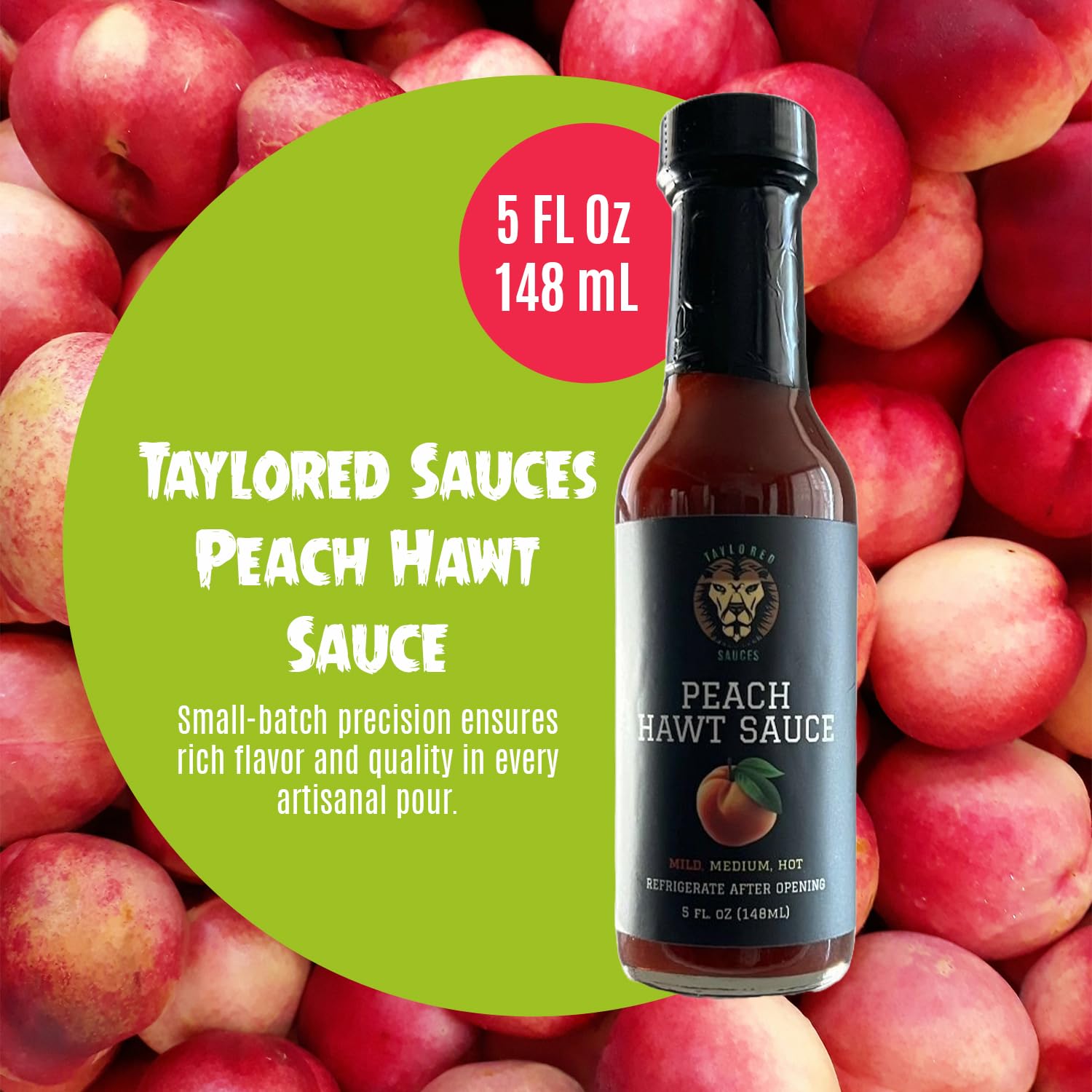 Taylored Sauces Peach Hawt Sauce, Keto, and Low-Calorie and Low-Sugar Gourmet Blend Gluten-Free Artisan Condiment, Made with Fresh Jalapeno Peppers