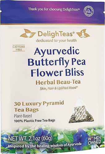 DelighTeas Organic Butterfly Pea Flower Bliss Tea | Eco-Conscious Pyramid Tea Bags | With Ginger, Lemongrass & Licorice | USDA Organic, Vegan