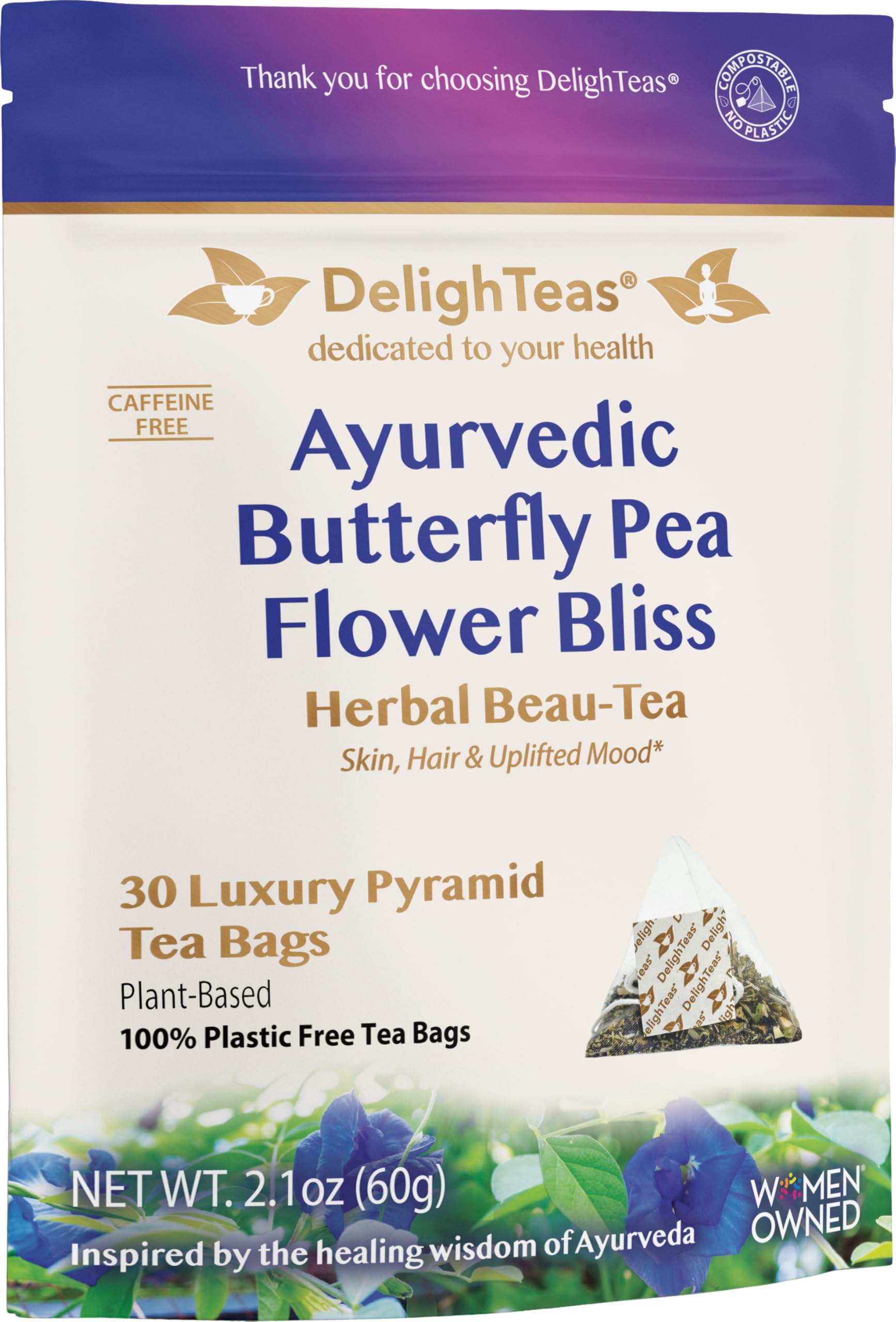 DelighTeas Organic Butterfly Pea Flower Bliss Tea | Eco-Conscious Pyramid Tea Bags | With Ginger, Lemongrass & Licorice | USDA Organic, Vegan