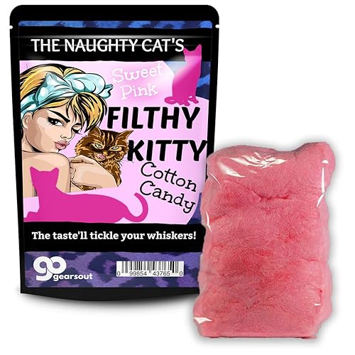 Gears Out Filthy Kitty Cotton Candy - Funny Pinup and Hungry cat Design - Novelty Candy for Women - Pink, Gluten-Free, Snack Size 2 oz