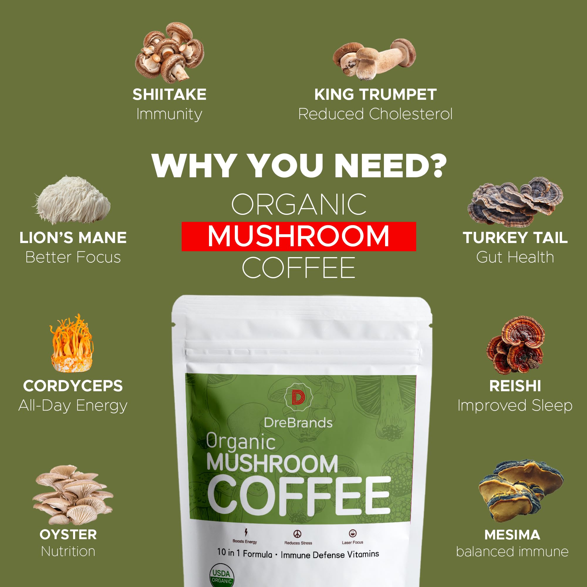 DreBrands Mushroom Coffee |10 in 1 Organic Mushrooms | USDA Organic | Instant Coffee | Wood Ear | Better Energy, Focus, Digestion, Immunity |
