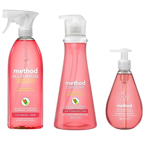 Method Naturally Derived Kitchen Essentials Bundle, Pink Grapefruit: Hand Soap 12 oz, Dish Soap 18 oz. & Surface Cleaner 28 oz.