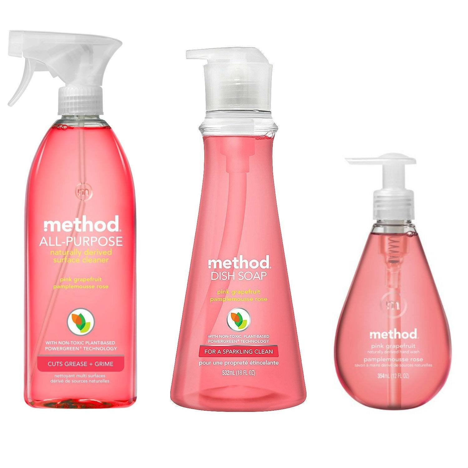 Method Naturally Derived Kitchen Essentials Bundle, Pink Grapefruit: Hand Soap 12 oz, Dish Soap 18 oz. & Surface Cleaner 28 oz.