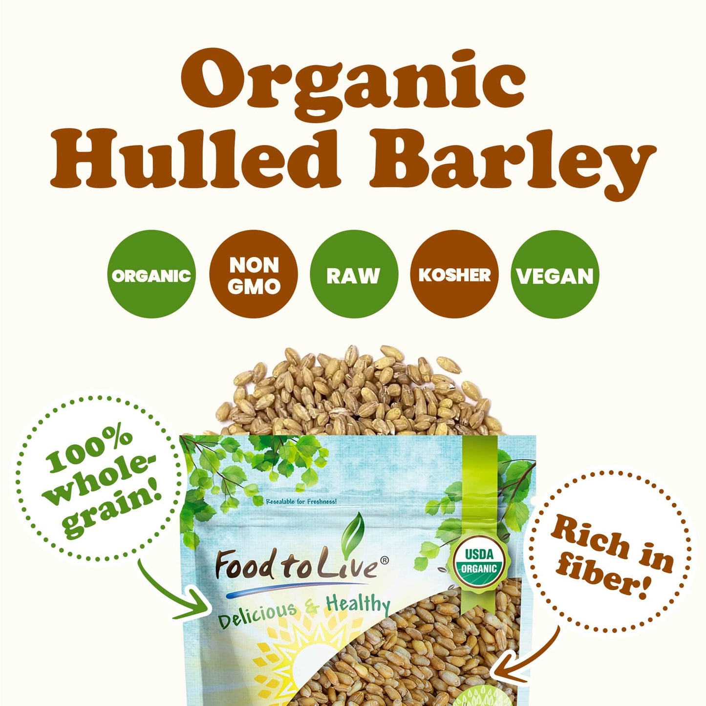 Food to Live Organic Hulled Barley, 2 Pounds - Non-GMO, 100% Whole Grain, Kosher, Vegan, Bulk. Suited for Home Brewing, Grinding. High in Fiber. Great for Chili, Hot Cereal, Salads, Soup.