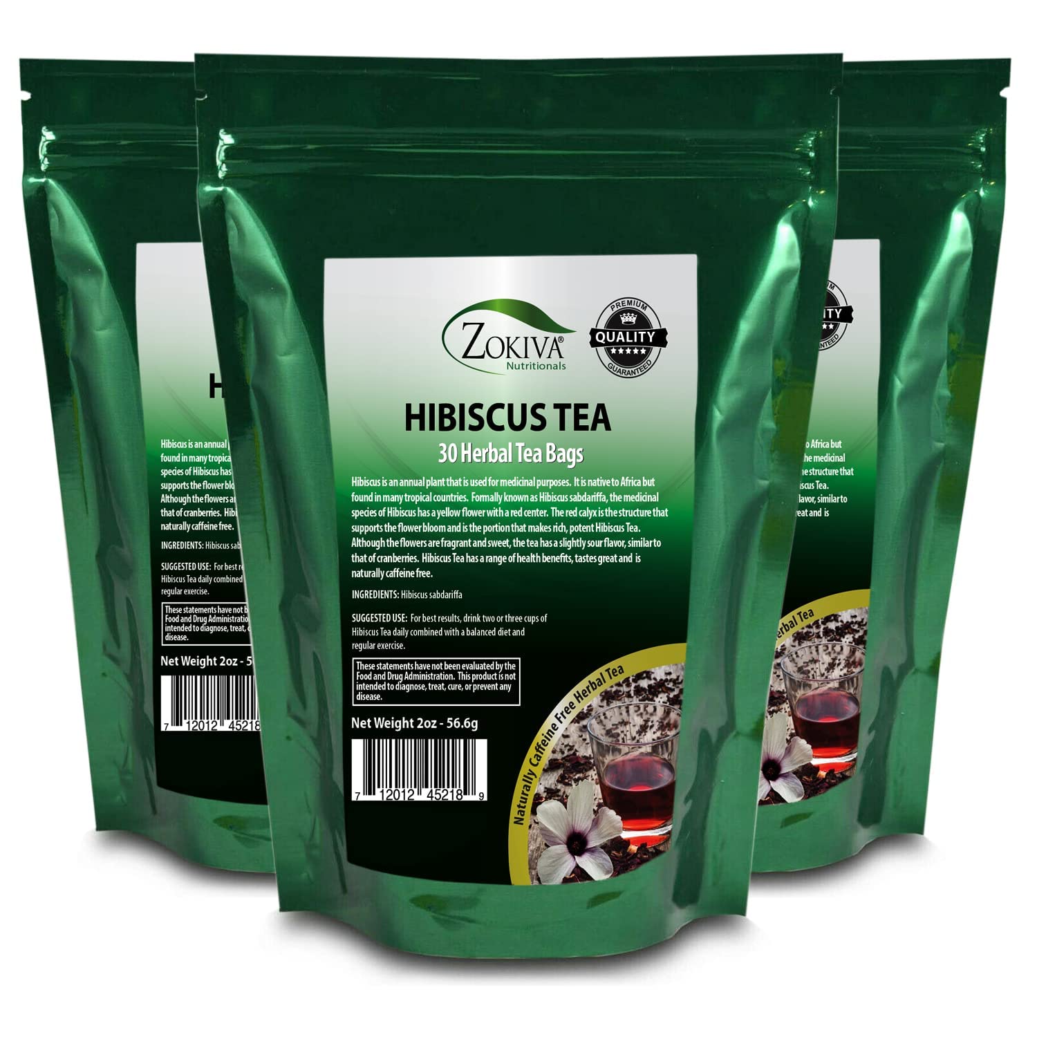 Hibiscus Tea Bags 3-Pack (90 Tea Bags Total) Caffeine-Free Hibiscus Sabdariffa Flowers Bursting With All-Natural Vitamins & Minerals in Pouch by