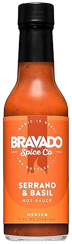 Serrano And Basil Hot Sauce By Bravado Spice Gluten Free, Vegan, Low Carb, Paleo Hot Sauce All Natural 5 oz Hot Sauce Bottle Award Winning Gourmet Hot