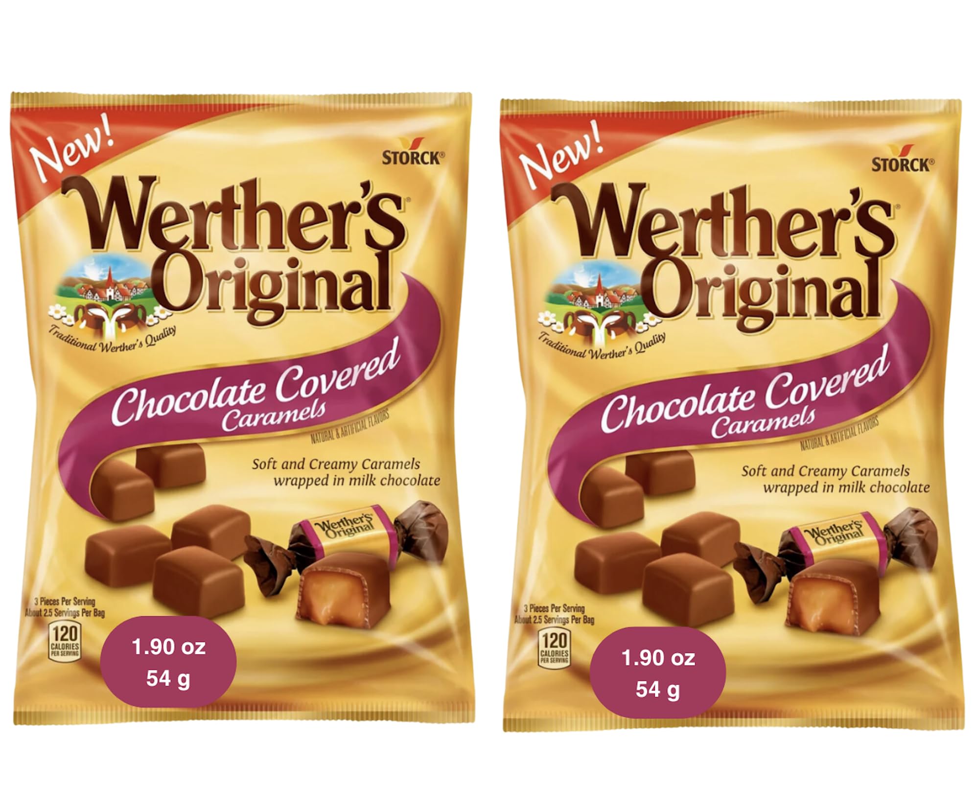 ORIGINAL CHOCOLATE COVERED CARAMELS, 1.90 0Z (pack of 2) WERTHER'S