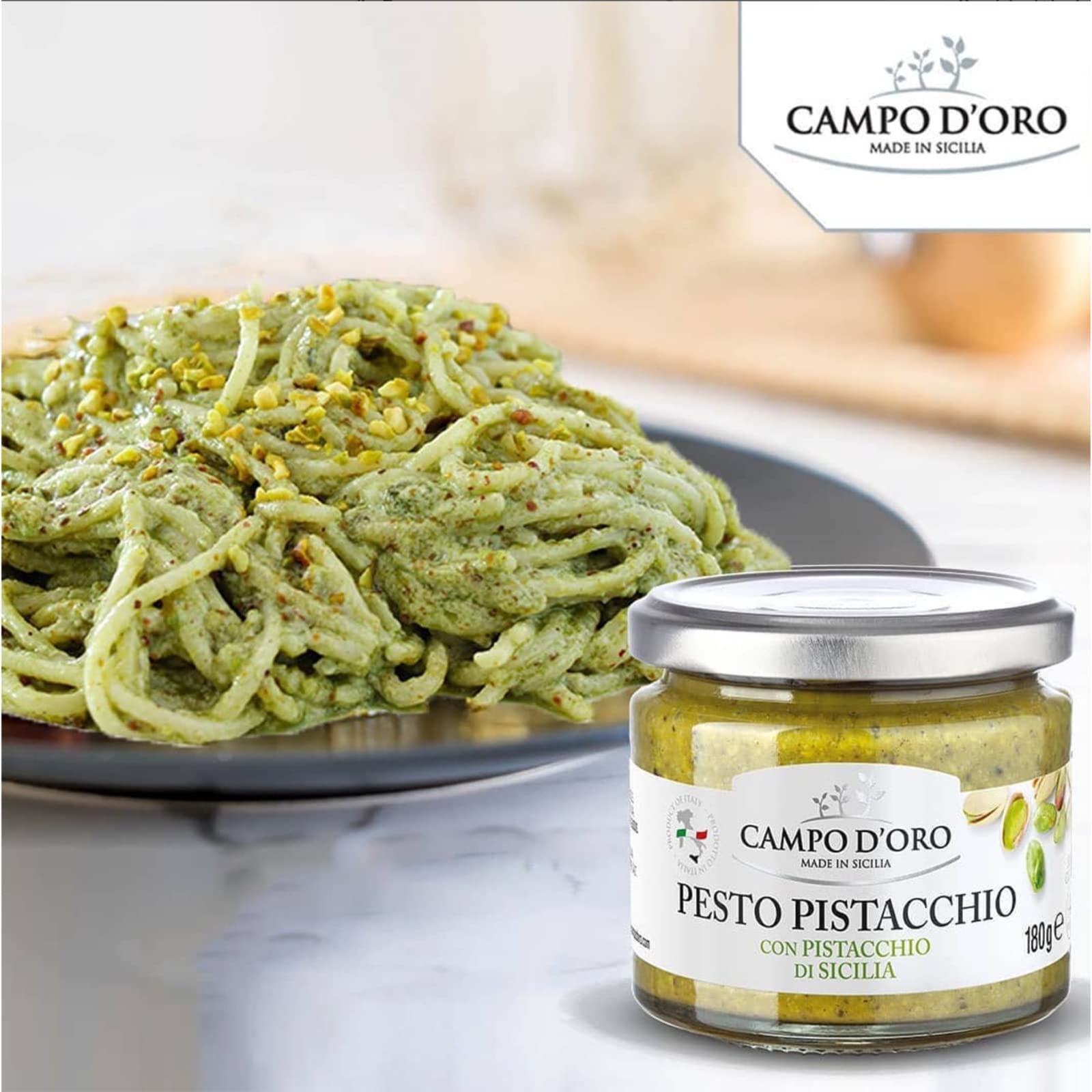 CAMPO D'ORO - Pistachio Pesto, Unsweetened, Paste, Sicilian Pesto, 6.35 oz