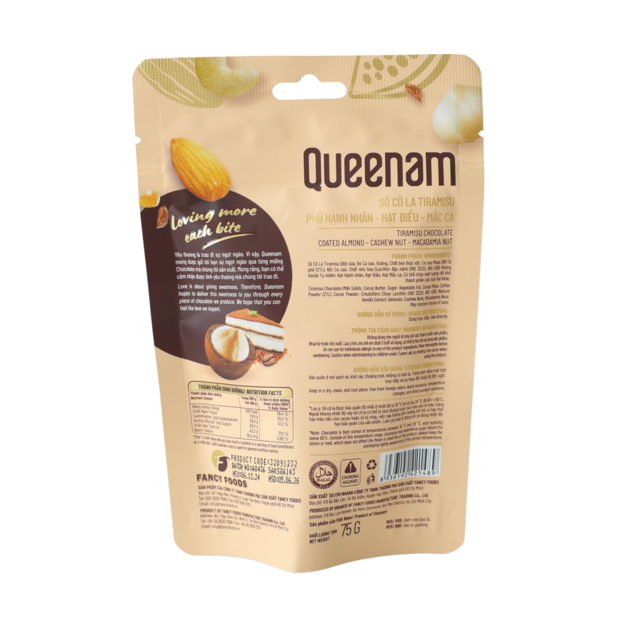 Queenam Premium Vietnamese Chocolate Flavored Nuts - Natural Fruit Flavor Healthy Snack with Almond, Macadamia & Cashew (Tiramisu Flavor)