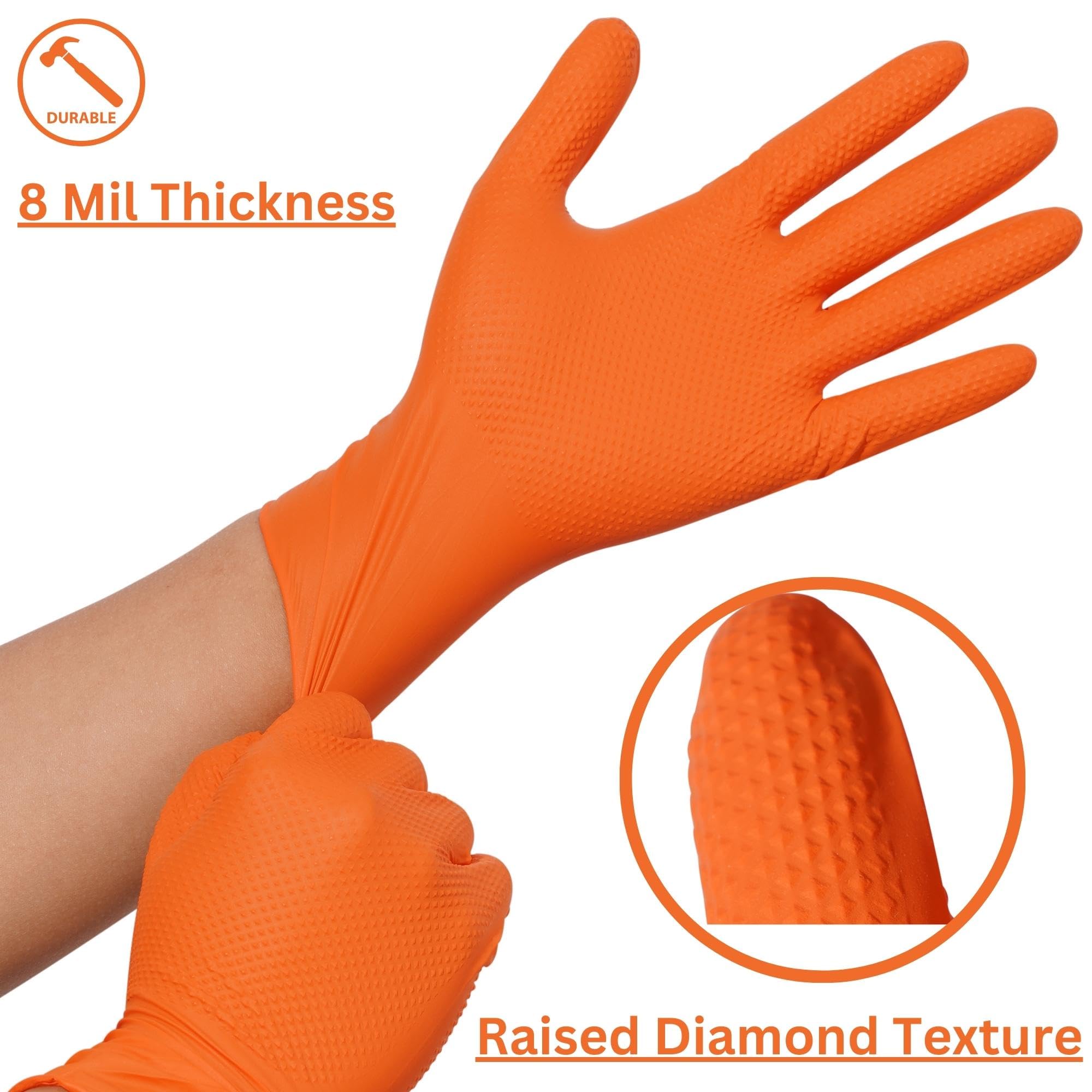 MEDPRAYER Industrial Orange Nitrile Gloves - Disposable Rubber Gloves 8 Mil - Raised Diamond Texture, Latex & Powder Free - Size Small, Pack of 100