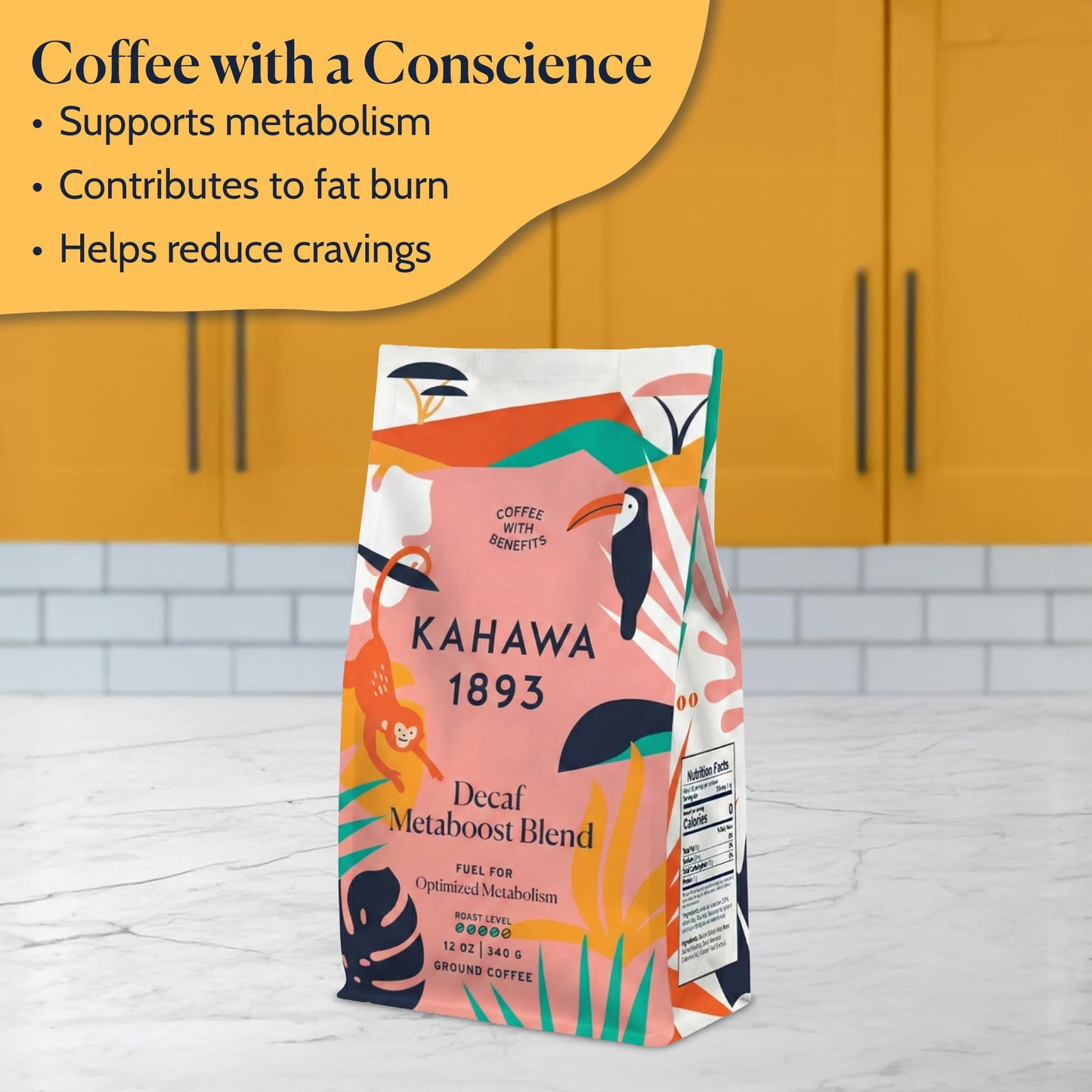 Kahawa 1893 Decaf Metaboost Ground Coffee Medium Dark Roast 12 Oz - With Green Tea Extract & African Mango Seed Extract, As Seen on Shark Tank
