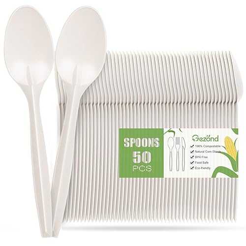 Gezond Compostable Spoons 50 Pack 6.7 Inch Disposable Spoons No Plastic Biodegradable Cutlery Set Heavy-duty for Party Wedding Camping Office Picnic