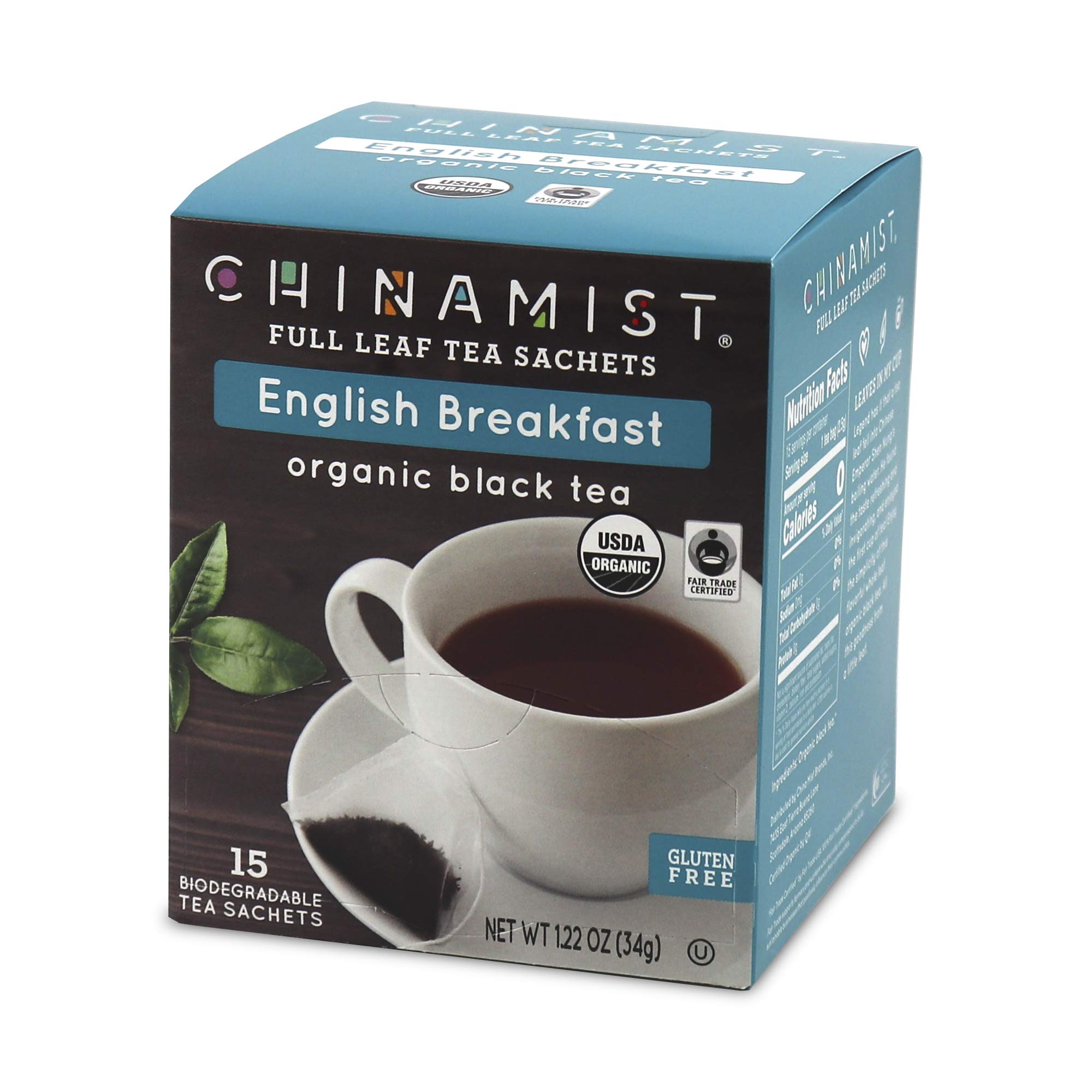 CHINAMIST English Breakfast Full Leaf Black Tea Sachets - Biodegradable, USDA Organic, Fair Trade Certified, Gluten-Free - 15 Count