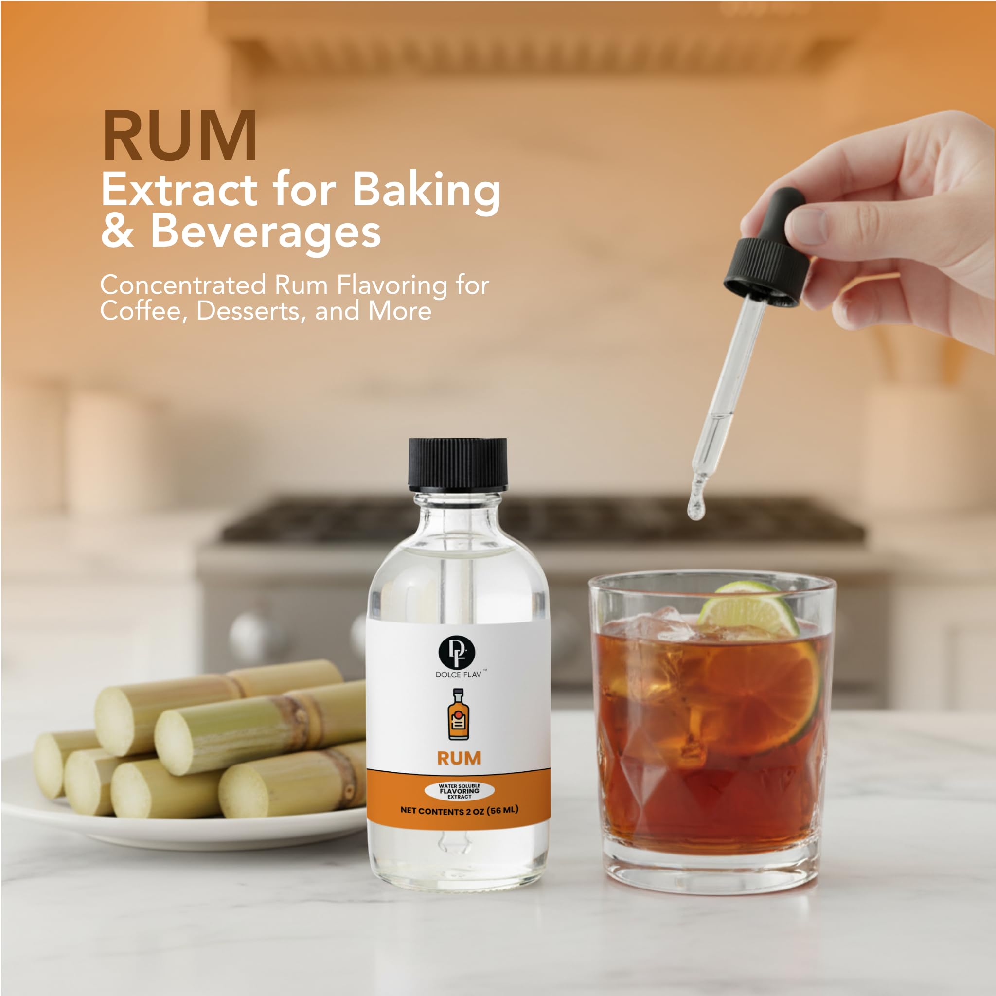 Dolce Flav Natural Rum Extract - 2 Ounce Water-Soluble Kosher, Sugar-Free, Concentrated Dark Rum Flavoring for Baking, Cocktails & Desserts, Includes