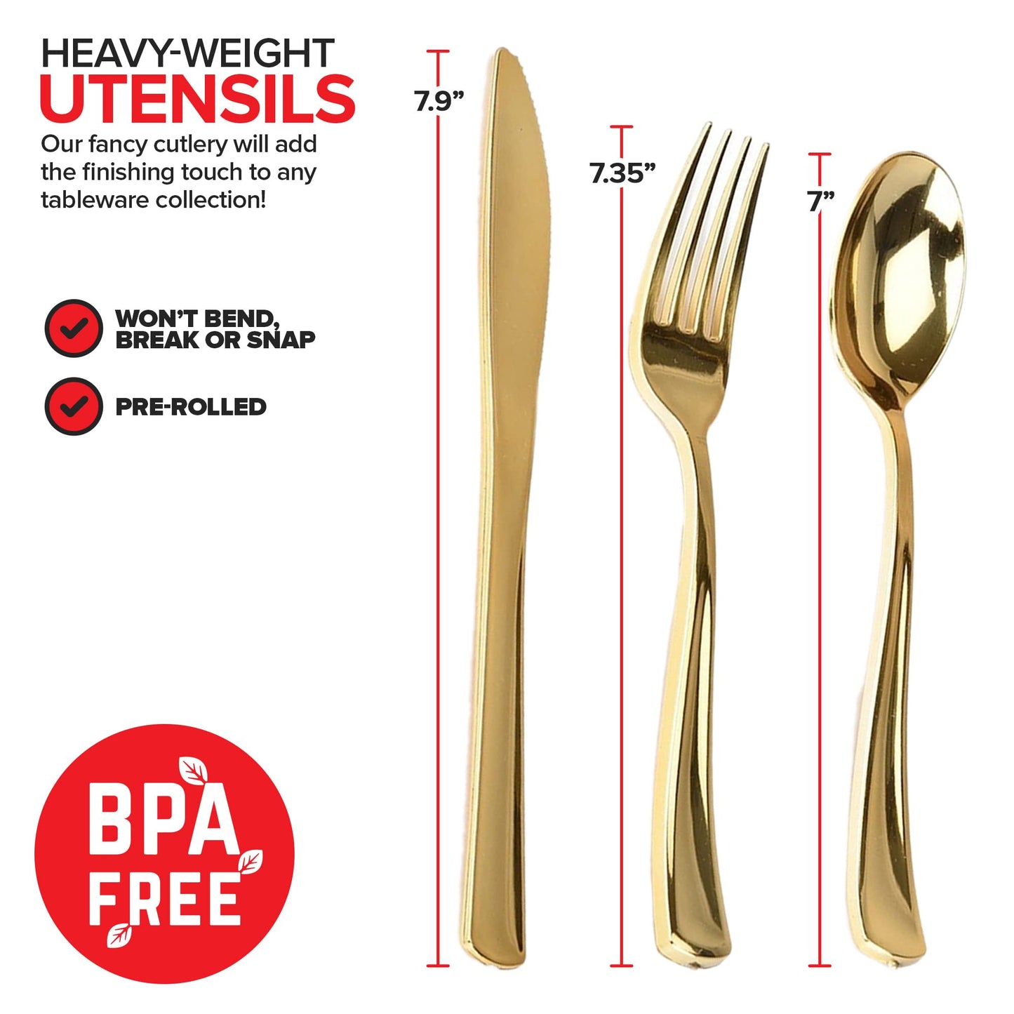 Pre Rolled Plastic Silverware Sets for Parties (25 Pack) Gold Cutlery Set, Disposable Spoons, Forks, Knives, Napkins Prewrapped, Heavy Duty Utensils