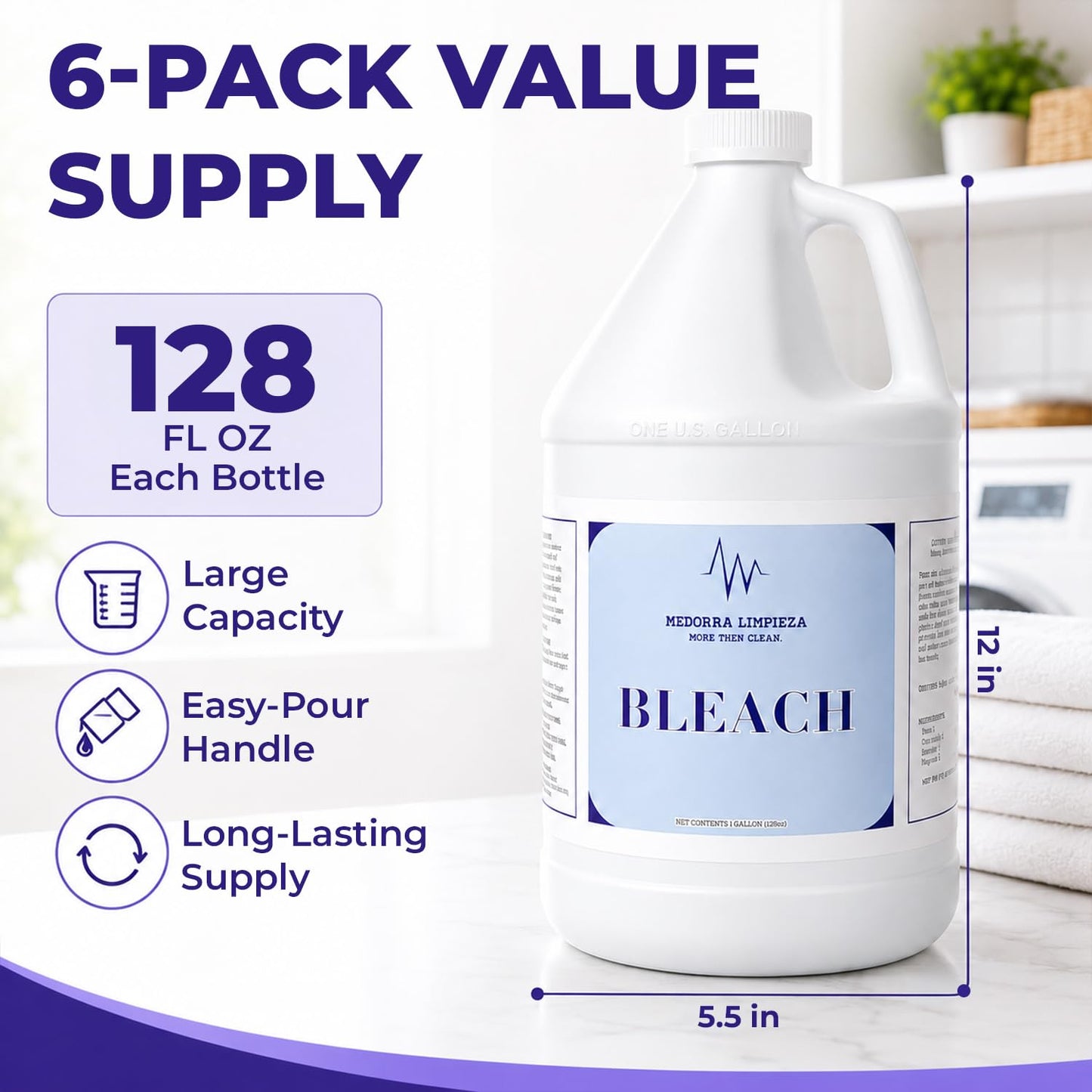 Medorra Liquid Bleach, 1 Gallon, 6-Pack, Original Unscented Chlorine Bleach, 128 fl oz Each, Multi-Purpose Cleaner for Laundry, Whites, Stain Removal
