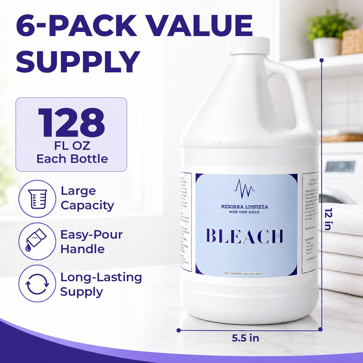 Medorra Liquid Bleach, 1 Gallon, 6-Pack, Original Unscented Chlorine Bleach, 128 fl oz Each, Multi-Purpose Cleaner for Laundry, Whites, Stain Removal