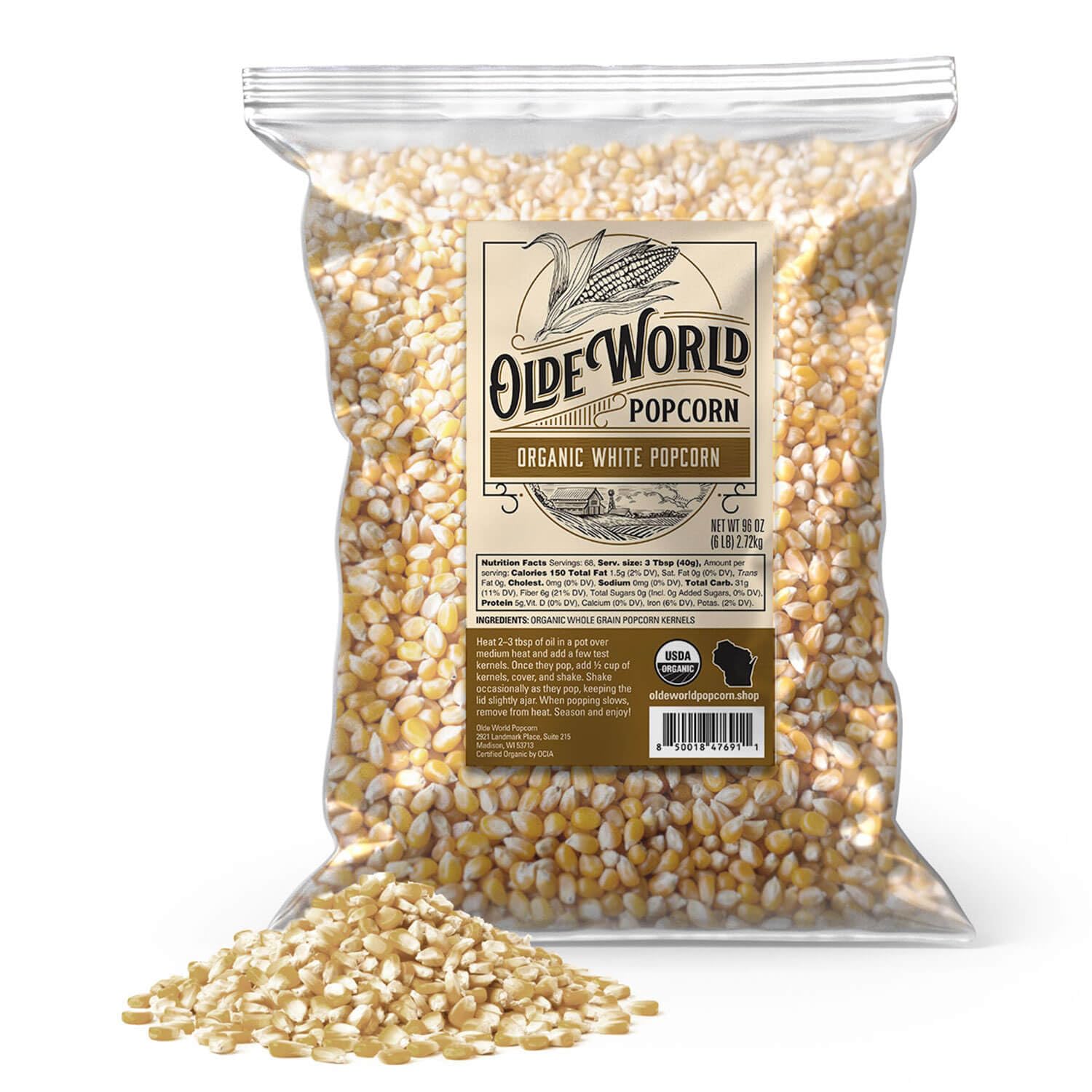 Organic White Popcorn Kernels 6 lb Bag, Non-GMO & Gluten Free, Sodium-Free, Pesticide-Free, Unsalted, Plant-Based, Sugar-Free, Old Fashioned