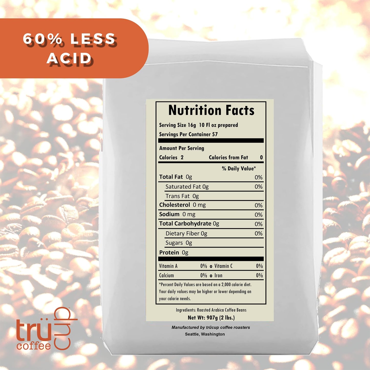 trücup Low Acid Coffee, Whole Bean Coffee Dark Roast 2 LB, Natural Water&Steam Process (60% Less Acid), Smooth Flavor, Stomach-Friendly Rich in