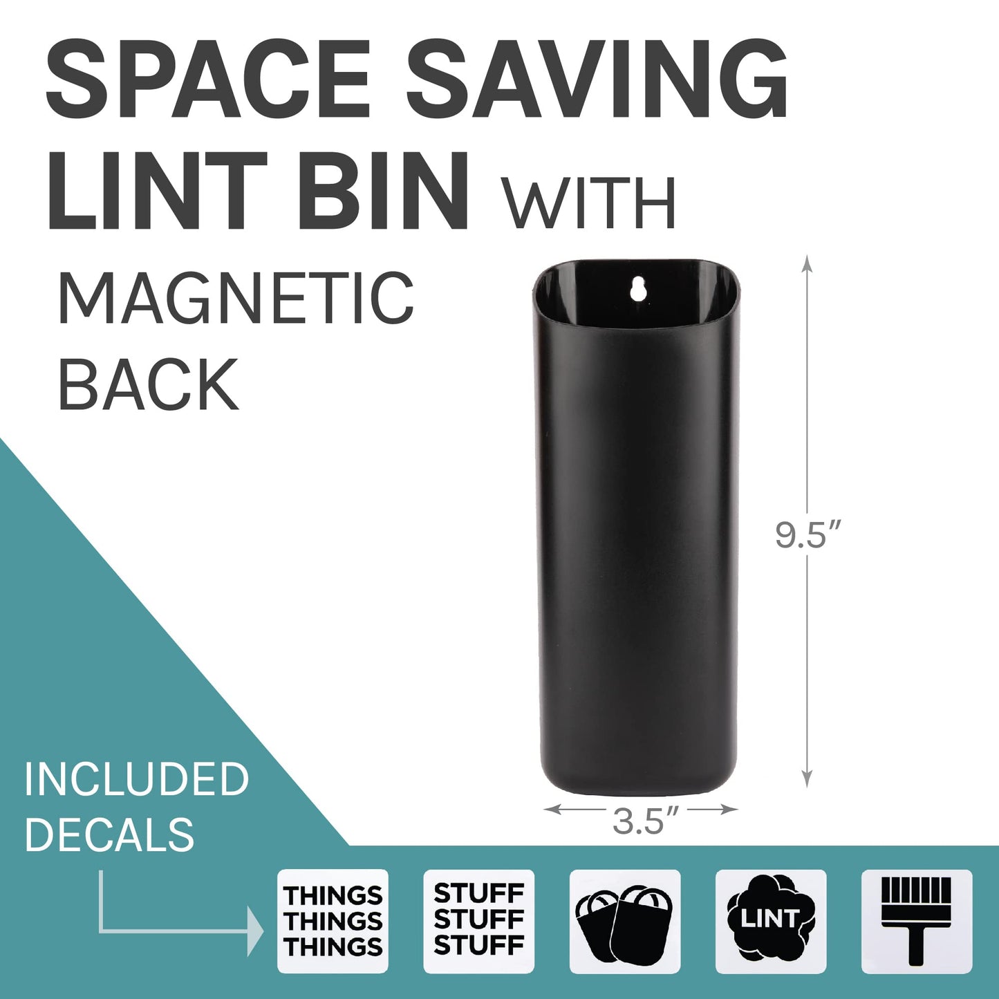JS Jackson Supplies Small Black Lint Bin with Magnetic Back, Slim Profile Space Saving Trash Bin and Organizer for Laundry, Wall Mountable